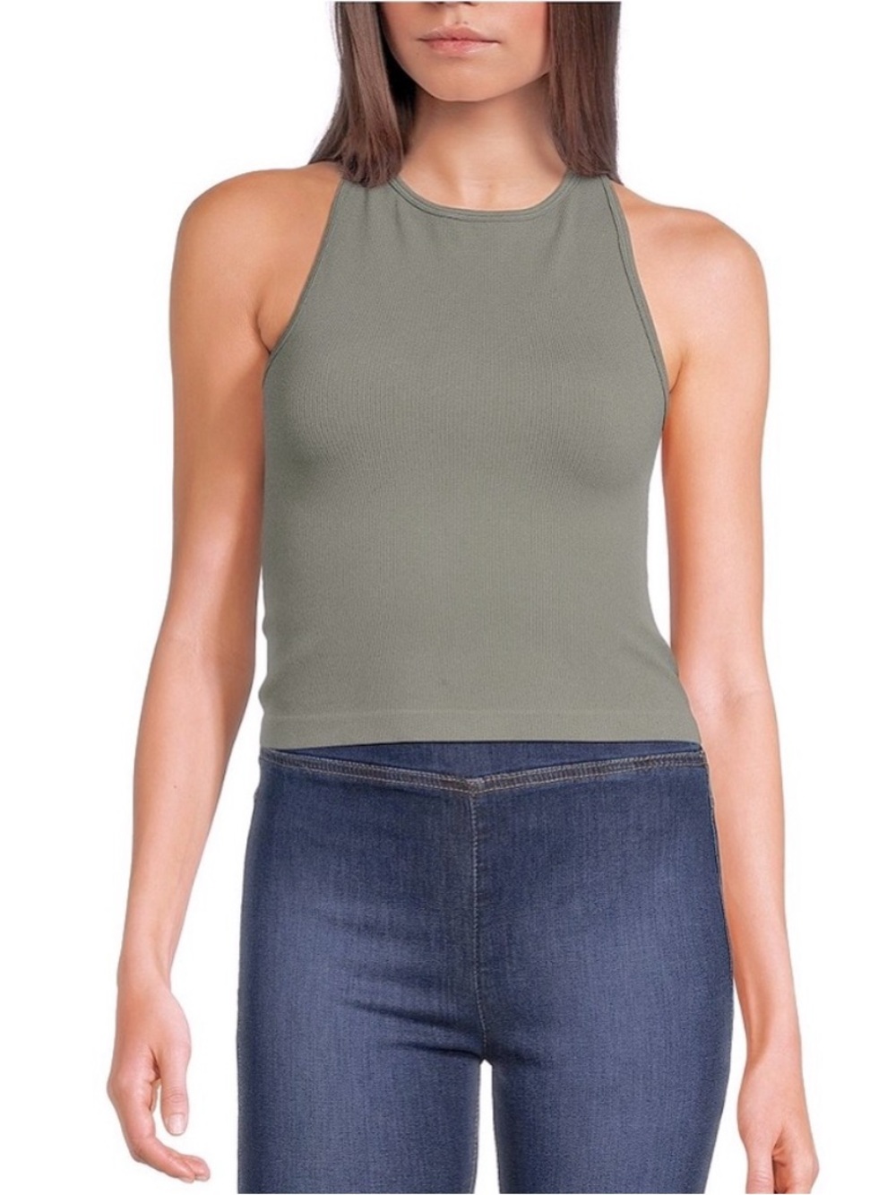 Free People Ribbed High-Neck Crop Tank Top - Olive Green